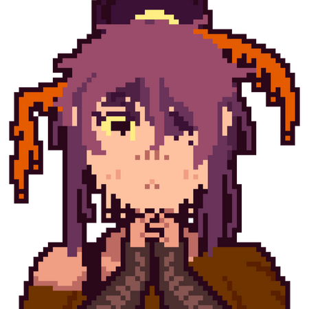 An image of a girl with purple hair and long ribbon accessories in her hair.