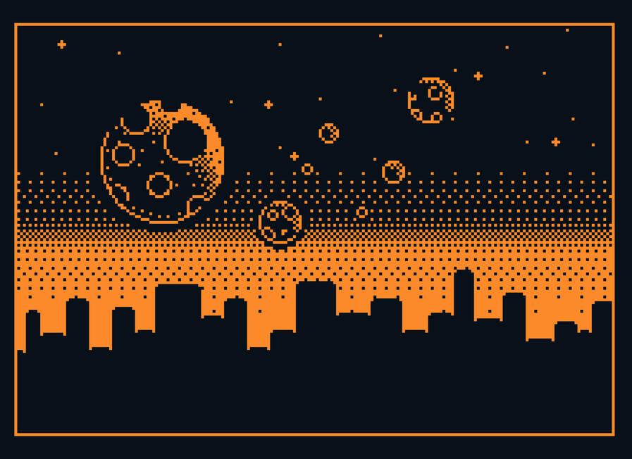 S 2 colour drawing of a night sky view filled with planets underneath a city skyline.